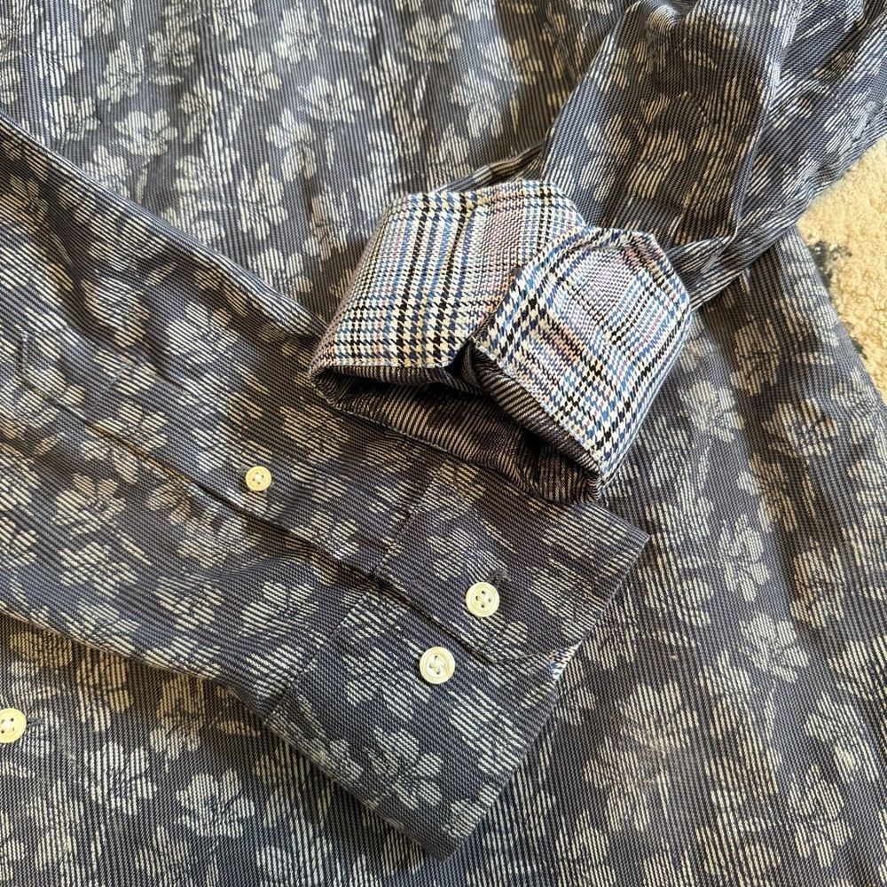 Egara Blue Striped Floral Print Casual Button Up Shirt Flip Cuffs Size XXL - Picture 4 of 7